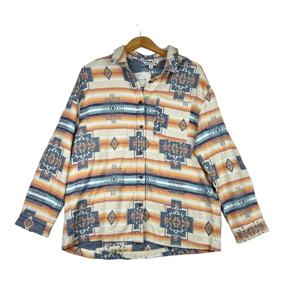 Mountain And Isles Southwestern Navajo Knit Jacquard Button Down Shirt Tan Blue - Picture 1 of 5